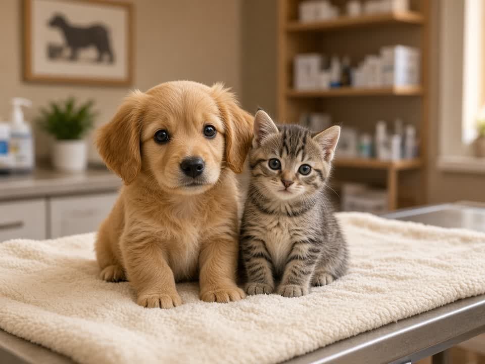 Klinikte yan yana oturan yavru köpek ve kedi